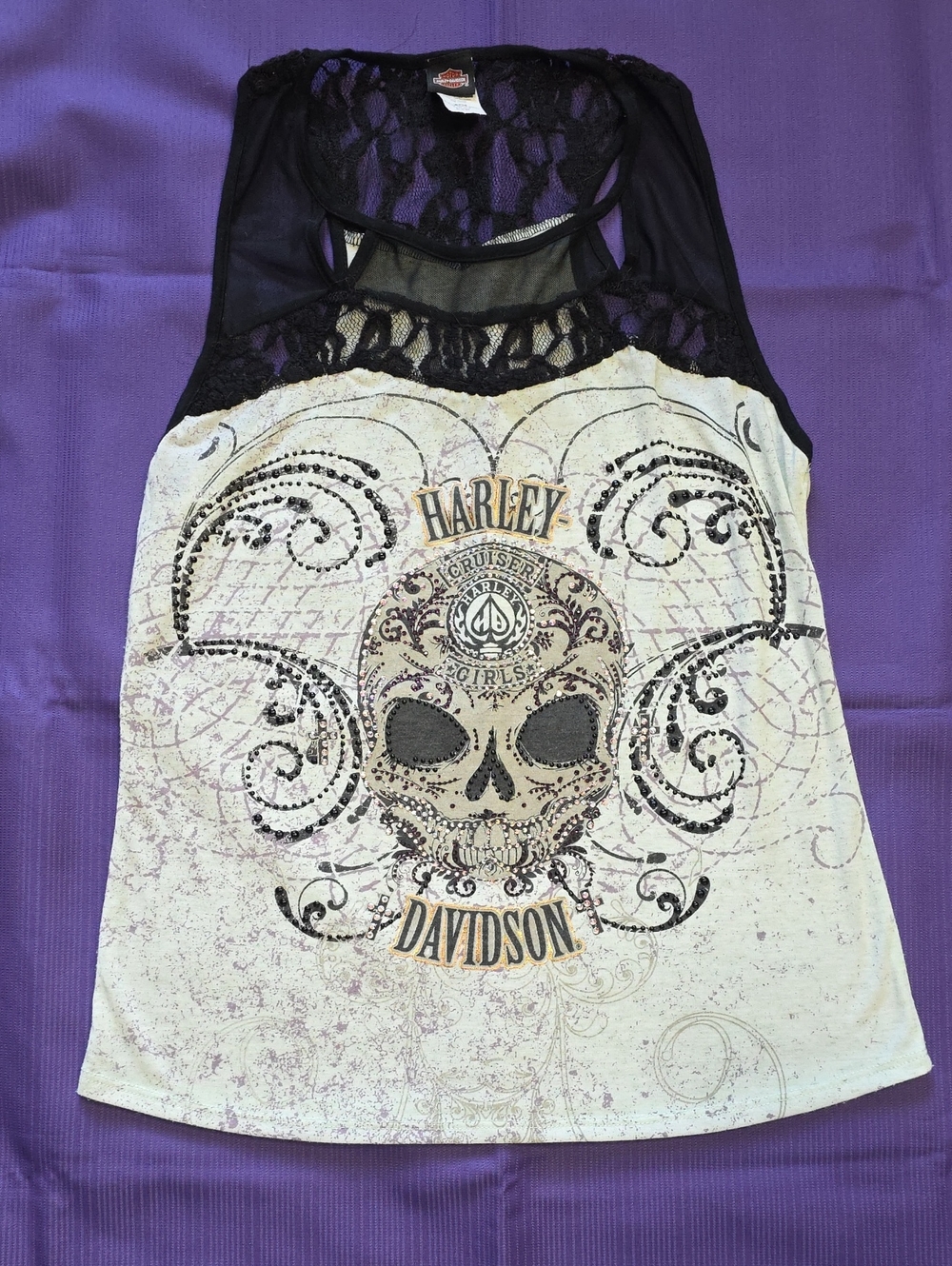 Harley-Davidson Black & Cream Lace Back Skull Tank